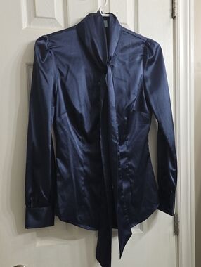NWT Hawes & Curtis Navy Blue Satin Tie-Neck Blouse - UK 8